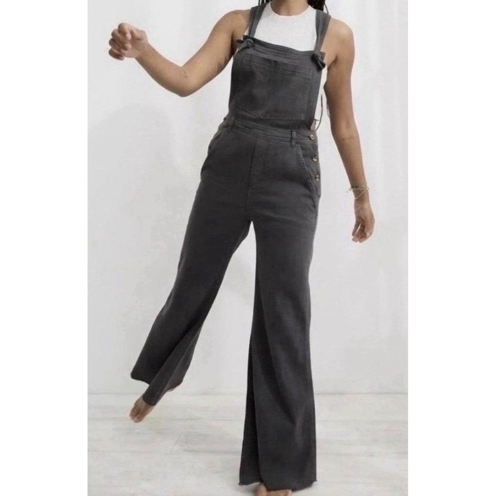 Aerie‎ Gray Wide Leg Raw Hem Denim Overalls Jumpsuit Womens Small NWT Adjustable